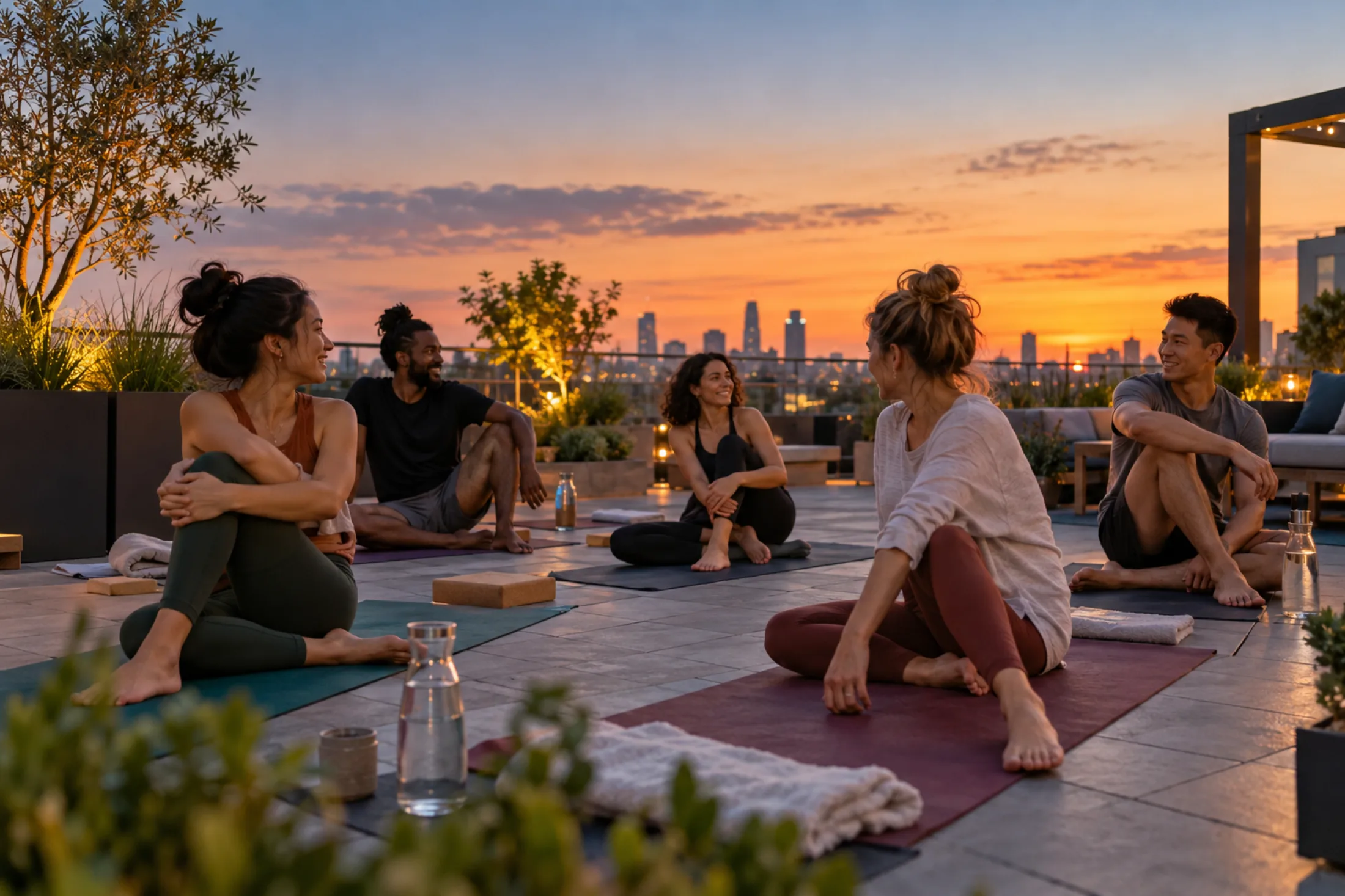 Residents talking after a rooftop wellness session at sunset