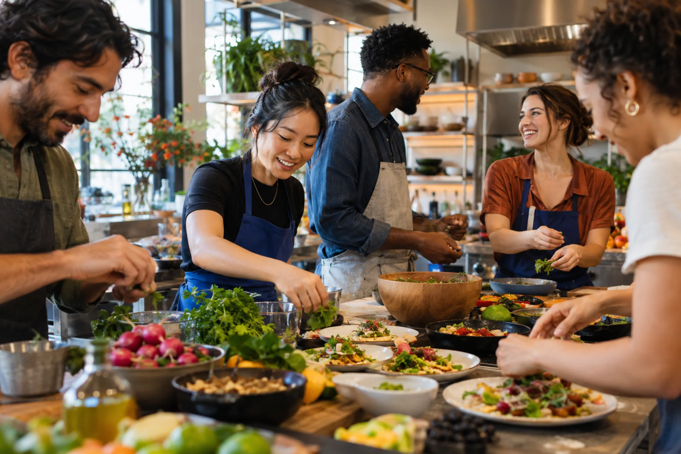 Coworkers cooking and sharing food in a bright studio kitchen